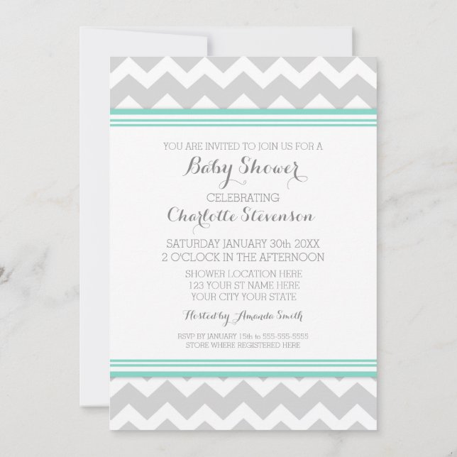 Teal Gray Chevron Custom Baby Shower Invitations (Back)