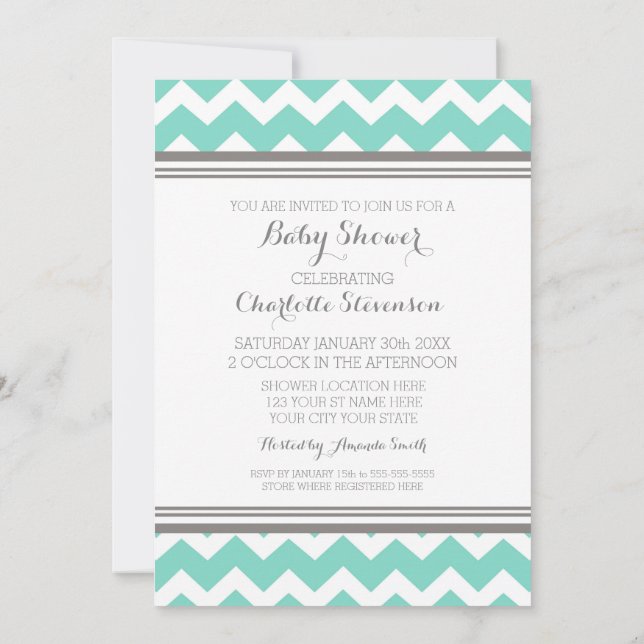 Teal Gray Chevron Custom Baby Shower Invitations (Back)