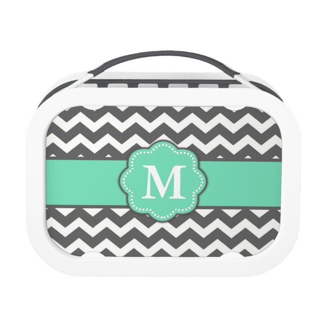 Teal Gray Chevron Monogram Lunch Box (Front)