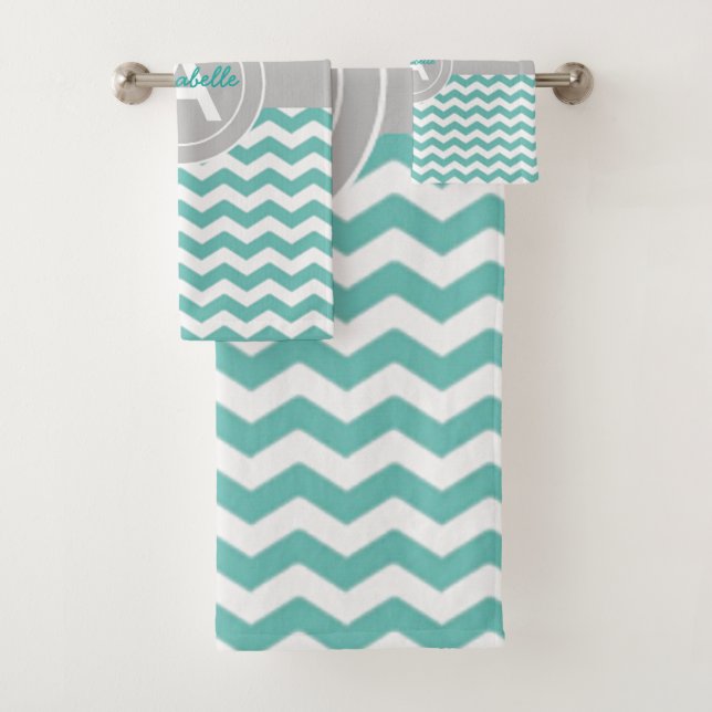 Teal Gray Chevron Quatrefoil Bath Towel Set (Insitu)