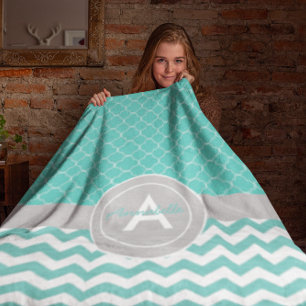Teal Gray Chevron Quatrefoil Fleece Blanket