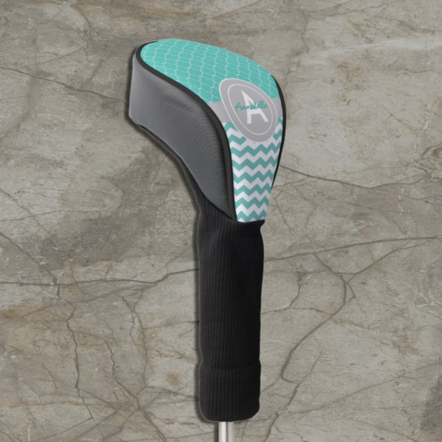 Teal Gray Chevron Quatrefoil Golf Head Cover (Creator Uploaded)