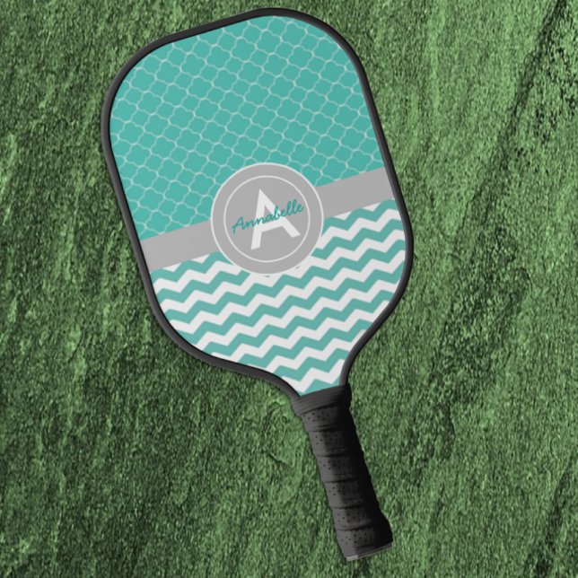 Teal Gray Chevron Quatrefoil Pickleball Paddle (Creator Uploaded)
