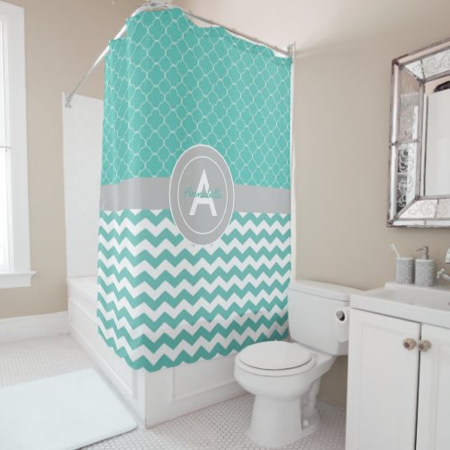 Teal Gray Chevron Quatrefoil Shower Curtain