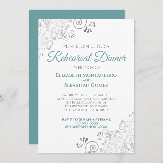 Teal & Gray Curls Wedding Rehearsal Dinner Invitation (Front/Back)