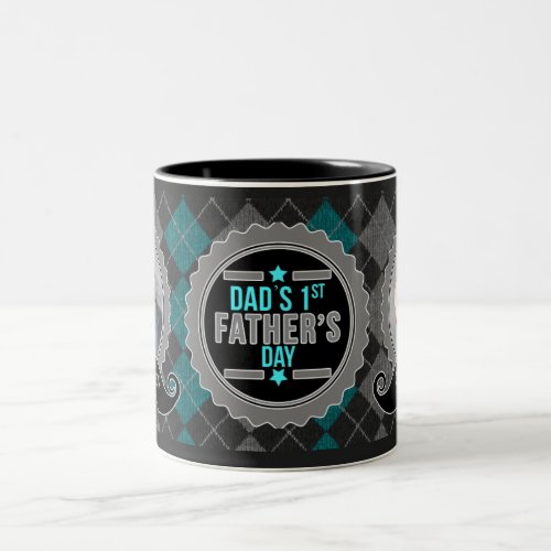 Teal Gray Dads 1st Fathers Day Mustache Photo Two_Tone Coffee Mug