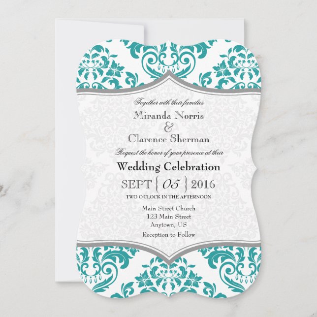 Teal Gray Damask Bracket Wedding Invite (Front)