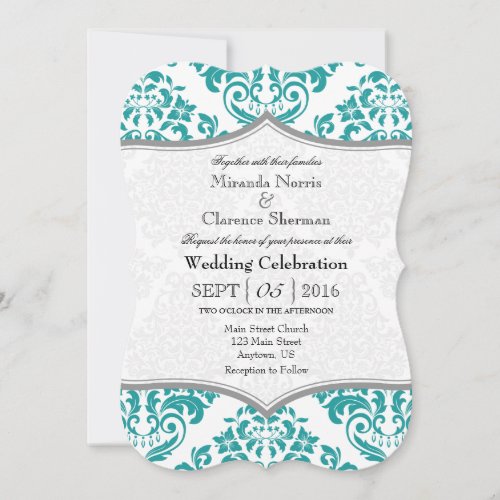 Teal Gray Damask Bracket Wedding Invite