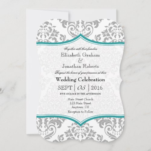 Teal Gray Damask Bracket Wedding Invite