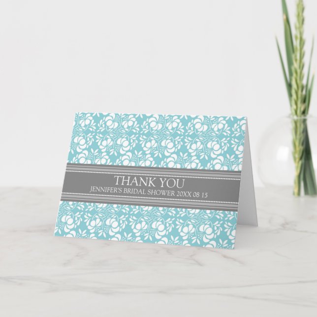Teal Gray Damask Bridal Shower Thank You Card (Front)