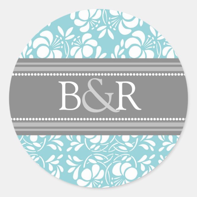 Teal Gray Damask Monogram Envelope Seal (Front)
