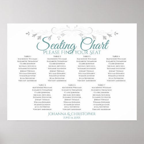 Teal  Gray Elegant 7 Table Wedding Seating Chart