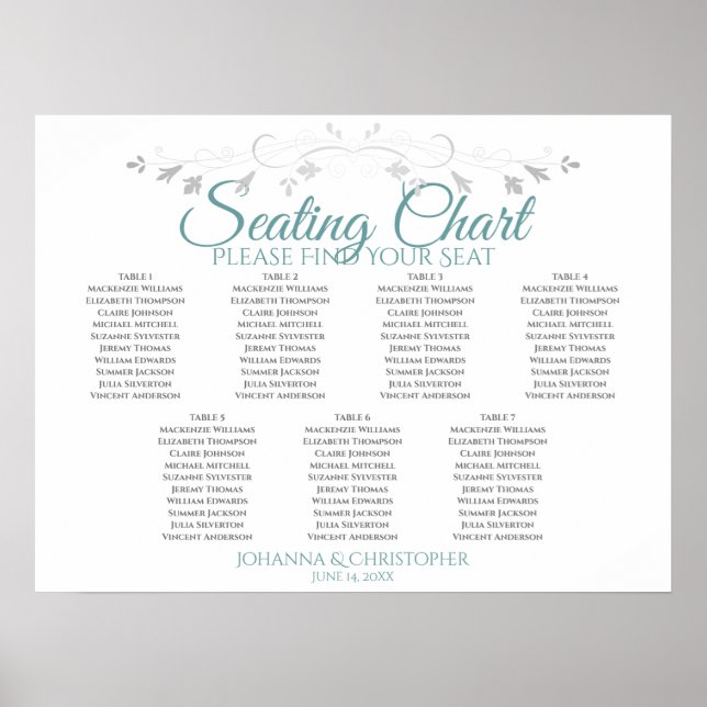 Teal & Gray Elegant 7 Table Wedding Seating Chart (Front)
