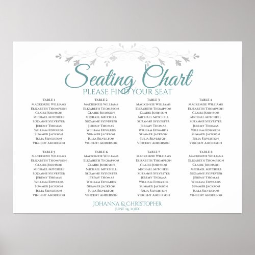 Teal  Gray Elegant 8 Table Wedding Seating Chart