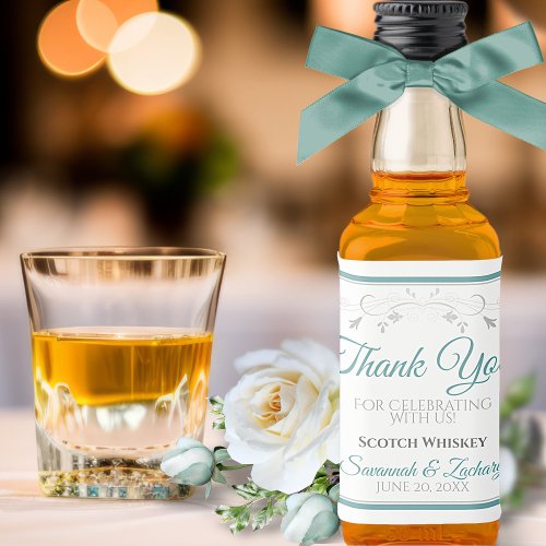 Teal  Gray Elegant Simple Wedding Thank You Mini Liquor Bottle Label