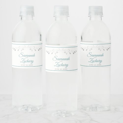 Teal  Gray Elegant Vintage Border Wedding Water Bottle Label