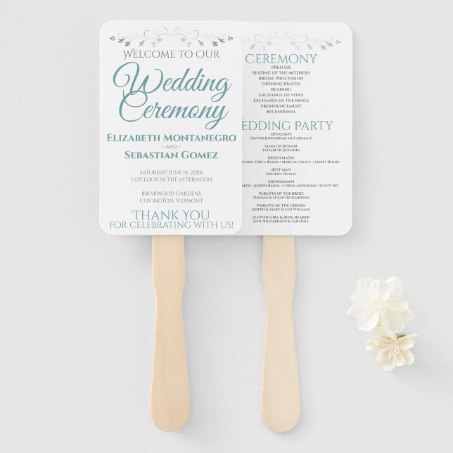 Teal & Gray Elegant Wedding Fans with Program (Front and Back)