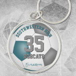 teal gray girls boys sports team name soccer keychain<br><div class="desc">This soccer themed keychain for girls or boys features a simple soccer graphic--with the typically black panels recolored teal and gray--upon which you can easily customize the athlete's name & jersey number plus school name & mascot name in coordinating colors - by katz_d_zynes</div>