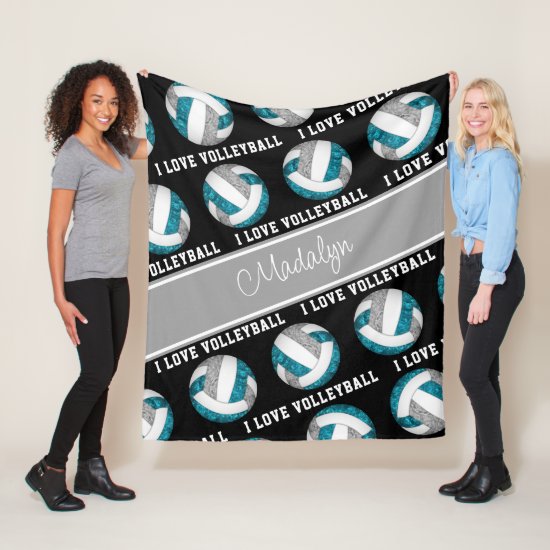 teal gray girls I love volleyball personalized fleece blanket