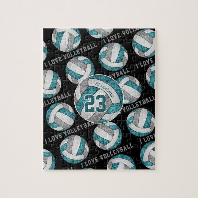 Teal gray girls I love volleyball personalized Jigsaw Puzzle (Vertical)