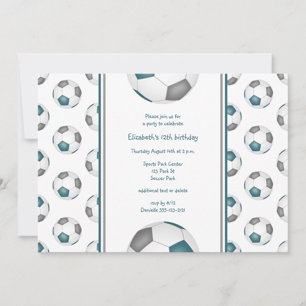 teal gray girl's soccer birthday or team party invitation