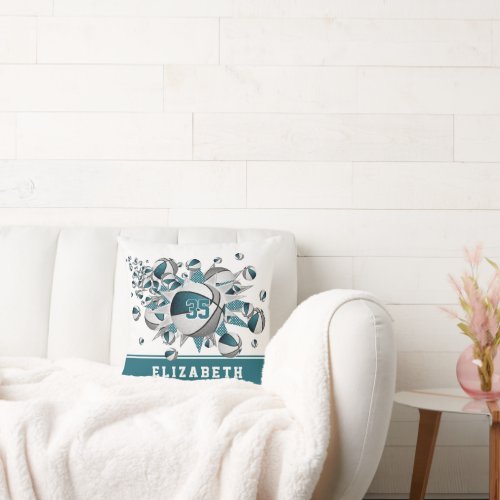 teal gray girls sports decor basketball blowout throw pillow