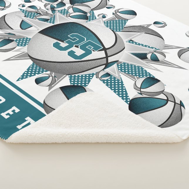 teal gray girls sports decor basketballs stars sherpa blanket (3/4)