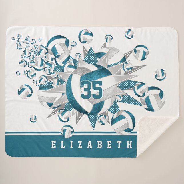 teal gray girls sports decor volleyballs stars sherpa blanket (Front (Horizontal))