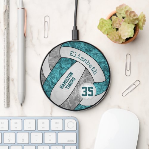 teal gray girls sports gifts volleyball wireless charger 