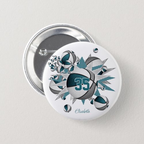 teal gray girls sports team basketballs stars button