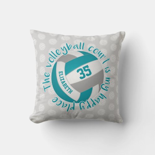 teal gray girls volleyball court my happy place throw pillow