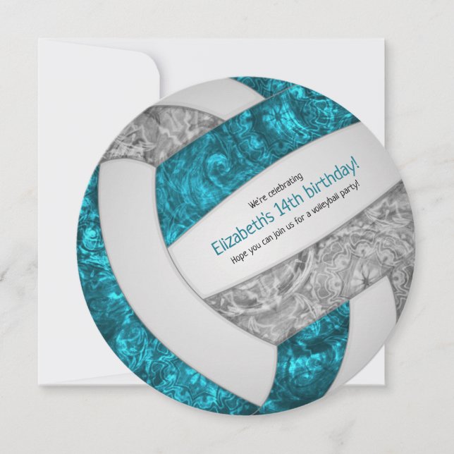 teal gray girly volleyball birthday party announcement (Front)