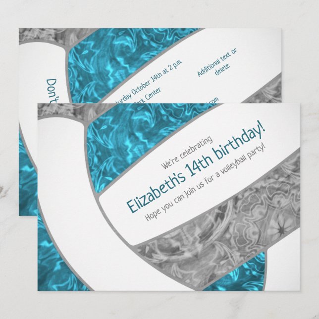 teal gray girly volleyball birthday party invitation (Front/Back)