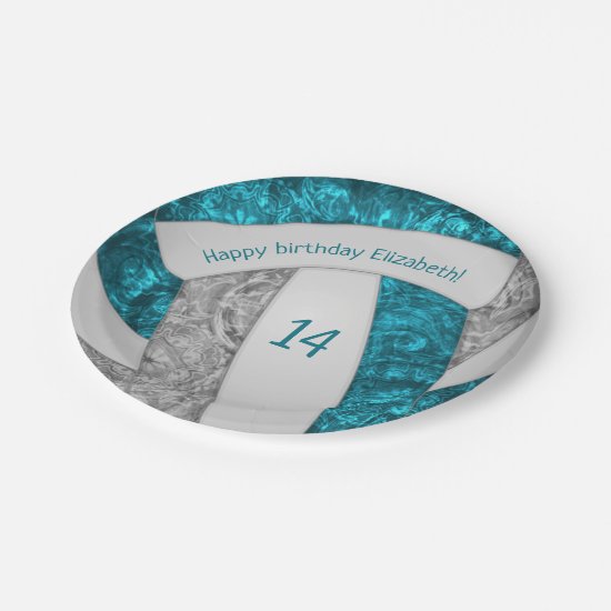 teal gray girly volleyball birthday party paper plates