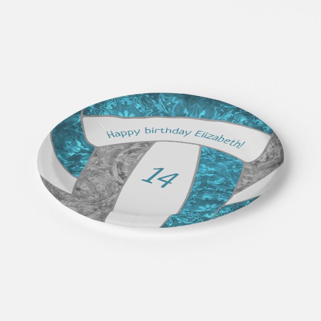 teal gray girly volleyball birthday party paper plates (Angled)