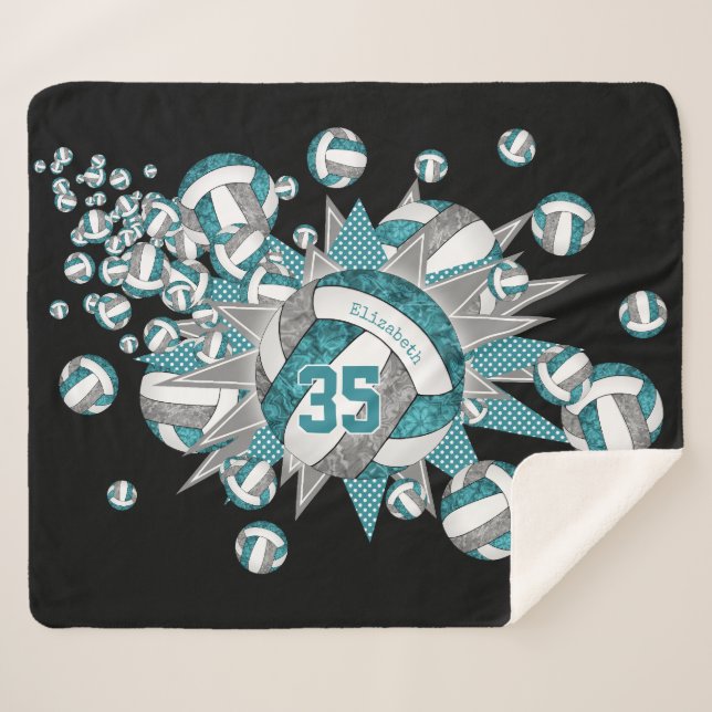 teal gray girly volleyball blowout personalized sherpa blanket (Front (Horizontal))
