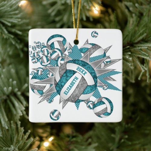 teal gray girly volleyball blowout sports ceramic ornament