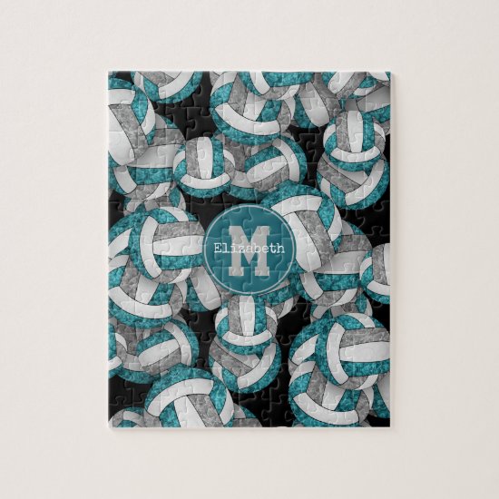 teal gray girly volleyballs pattern monogrammed jigsaw puzzle