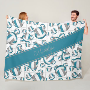 Teal gray girly volleyballs pattern net accent fleece blanket