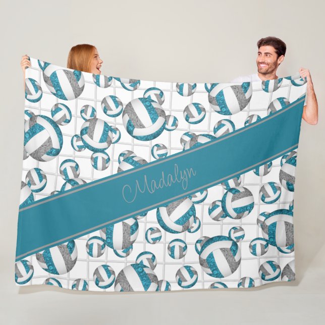 Teal gray girly volleyballs pattern net accent fleece blanket (In Situ)
