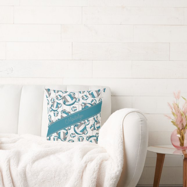 Teal gray girly volleyballs pattern net accent throw pillow (Couch)