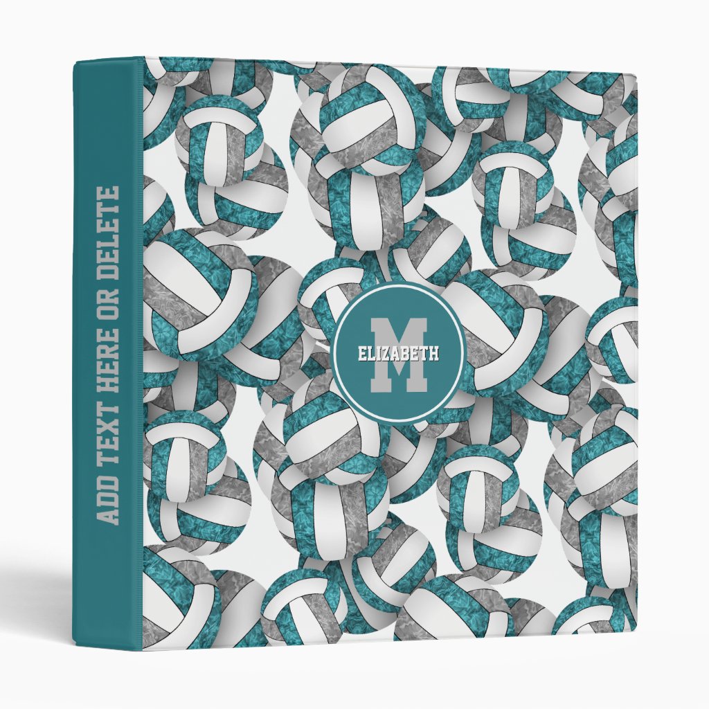 teal gray girly volleyballs pattern monogrammed 3 ring binder