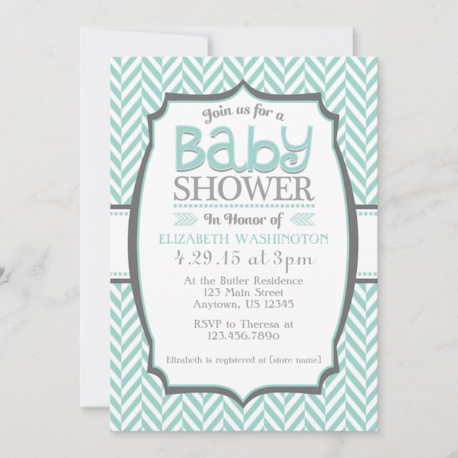 Teal Gray Herringbone Baby Shower Invitations (Front)