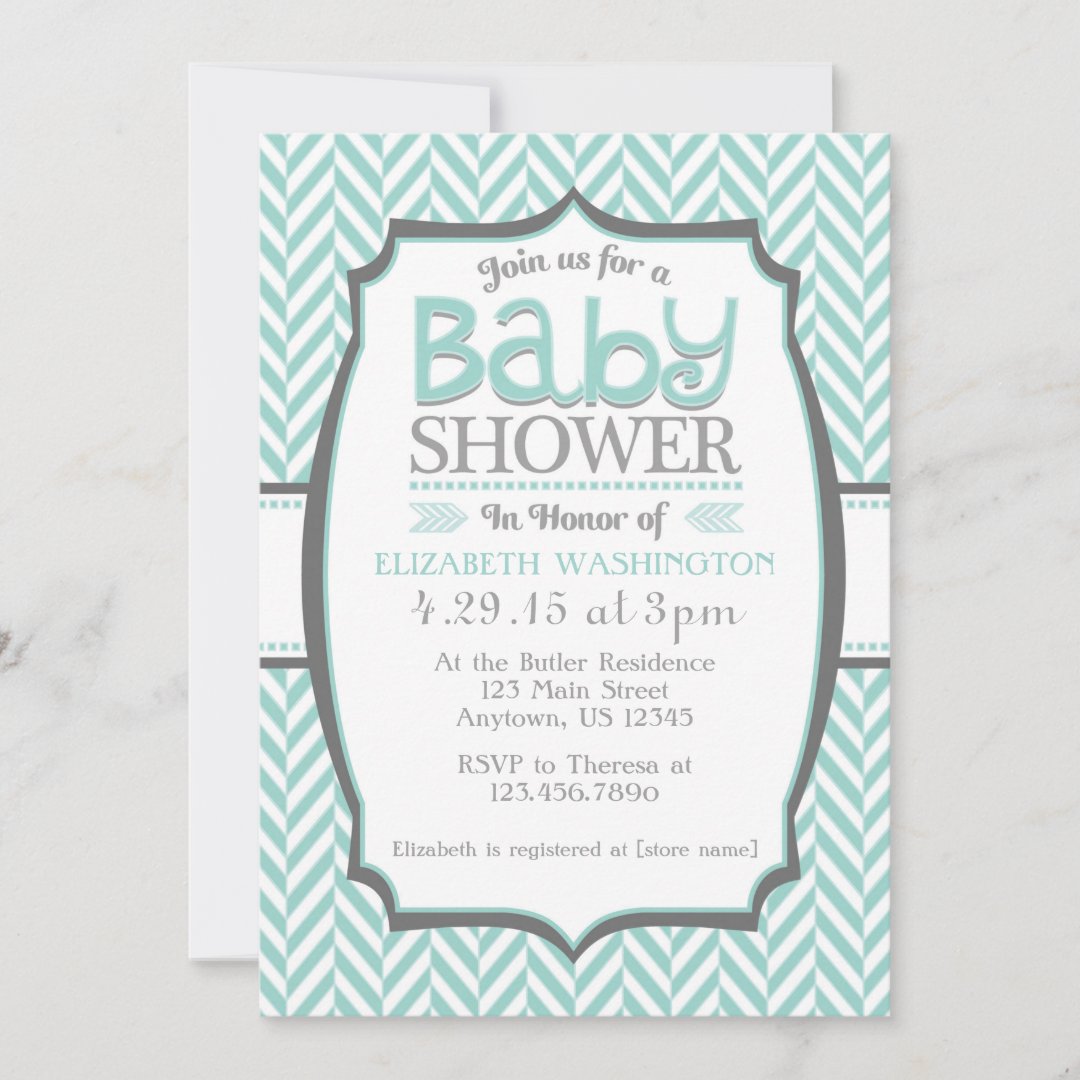 Teal Gray Herringbone Baby Shower Invitations | Zazzle