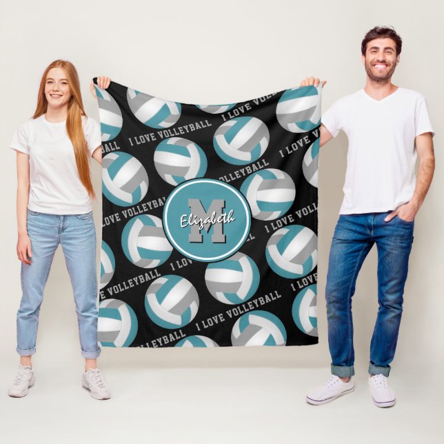 teal gray I love volleyball text pattern Fleece Blanket (In Situ)