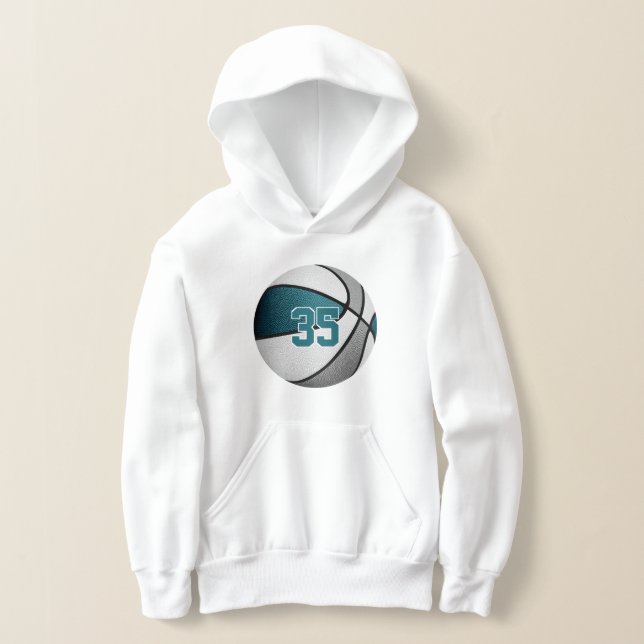 teal gray kids jersey number basketball hoodie (Laydown)