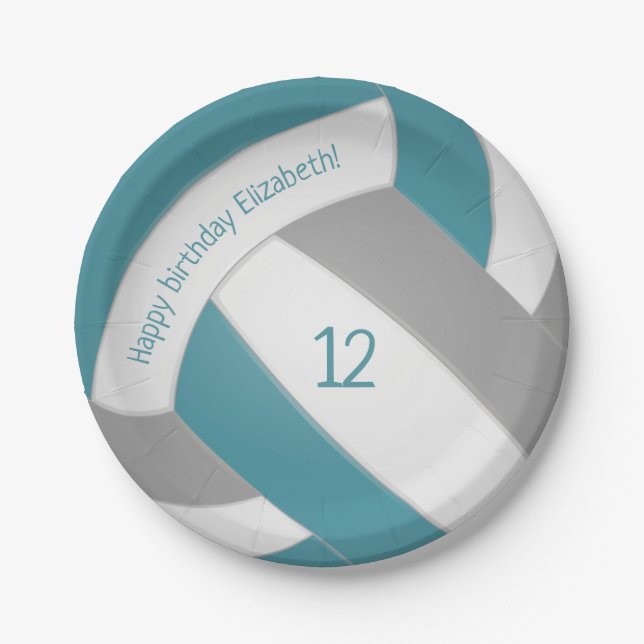 teal gray kids teens volleyball party paper plates (Front)