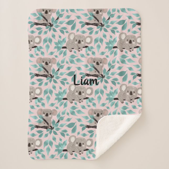Teal Gray Koala Bear Baby Sherpa Blanket (Front)