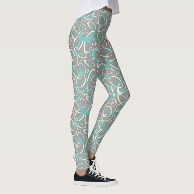 teal gray mod retro loops geometric pattern leggings (Right)