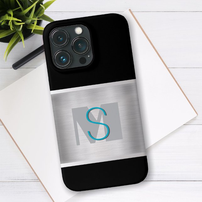Teal & Gray Monogram, Brushed Silver, Black Case-Mate iPhone Case (Creator Uploaded)
